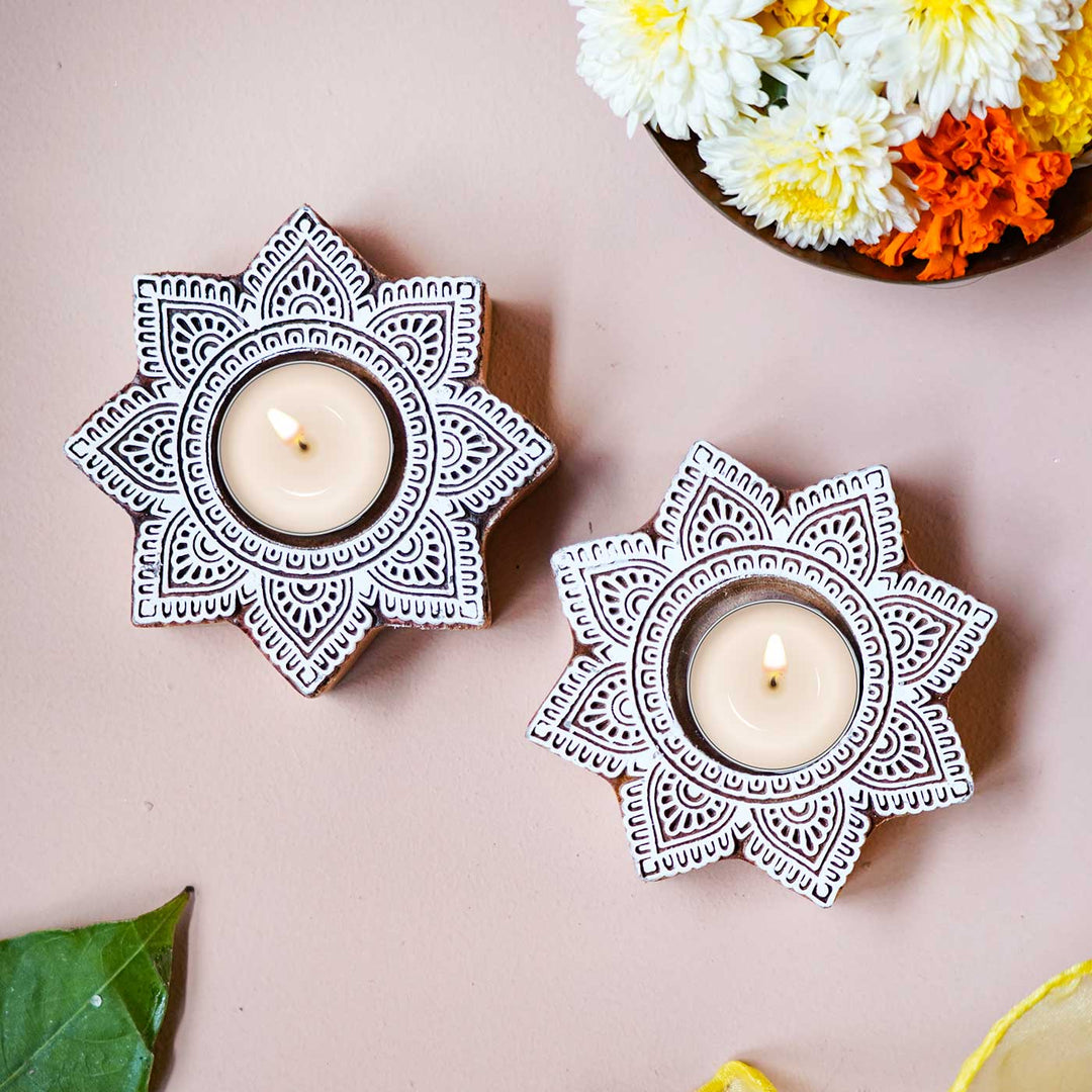 Handmade Carved Flower Wooden Block Tealight Holder | Set Of 2