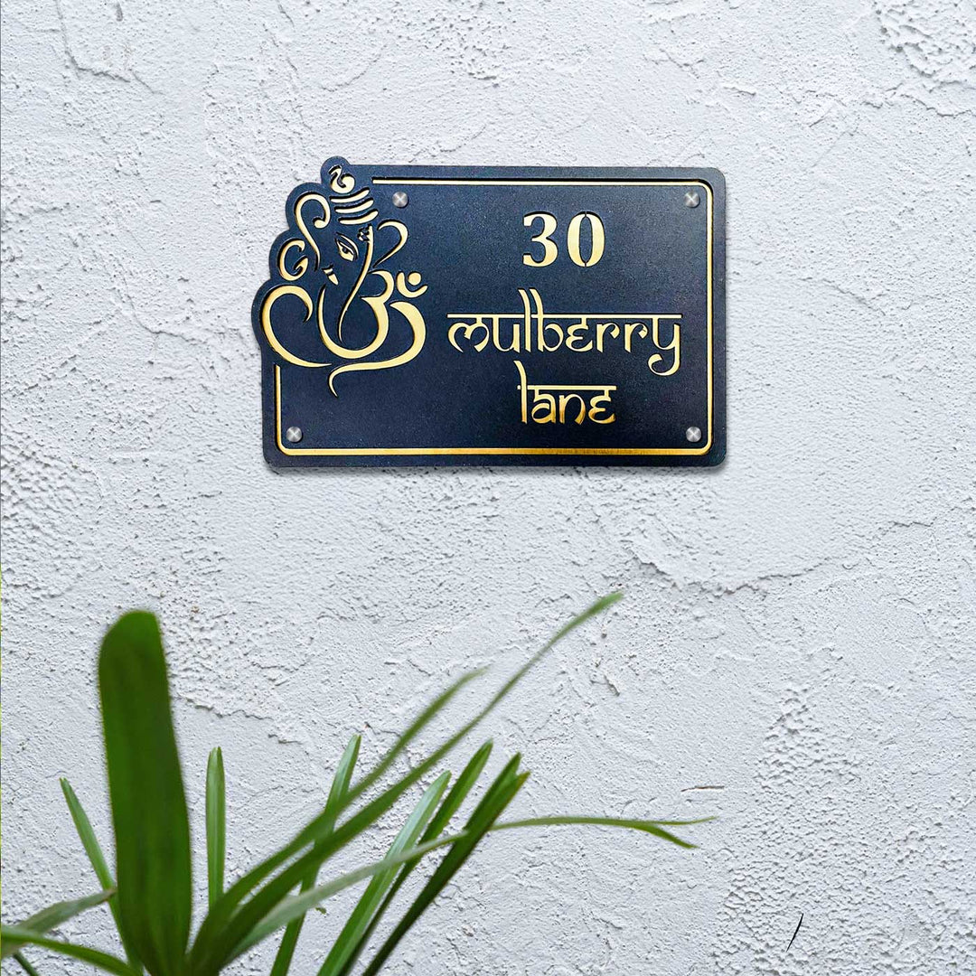 Personalized Waterproof Ganesha Design Black & Gold Laser Cut Metal Name Plate