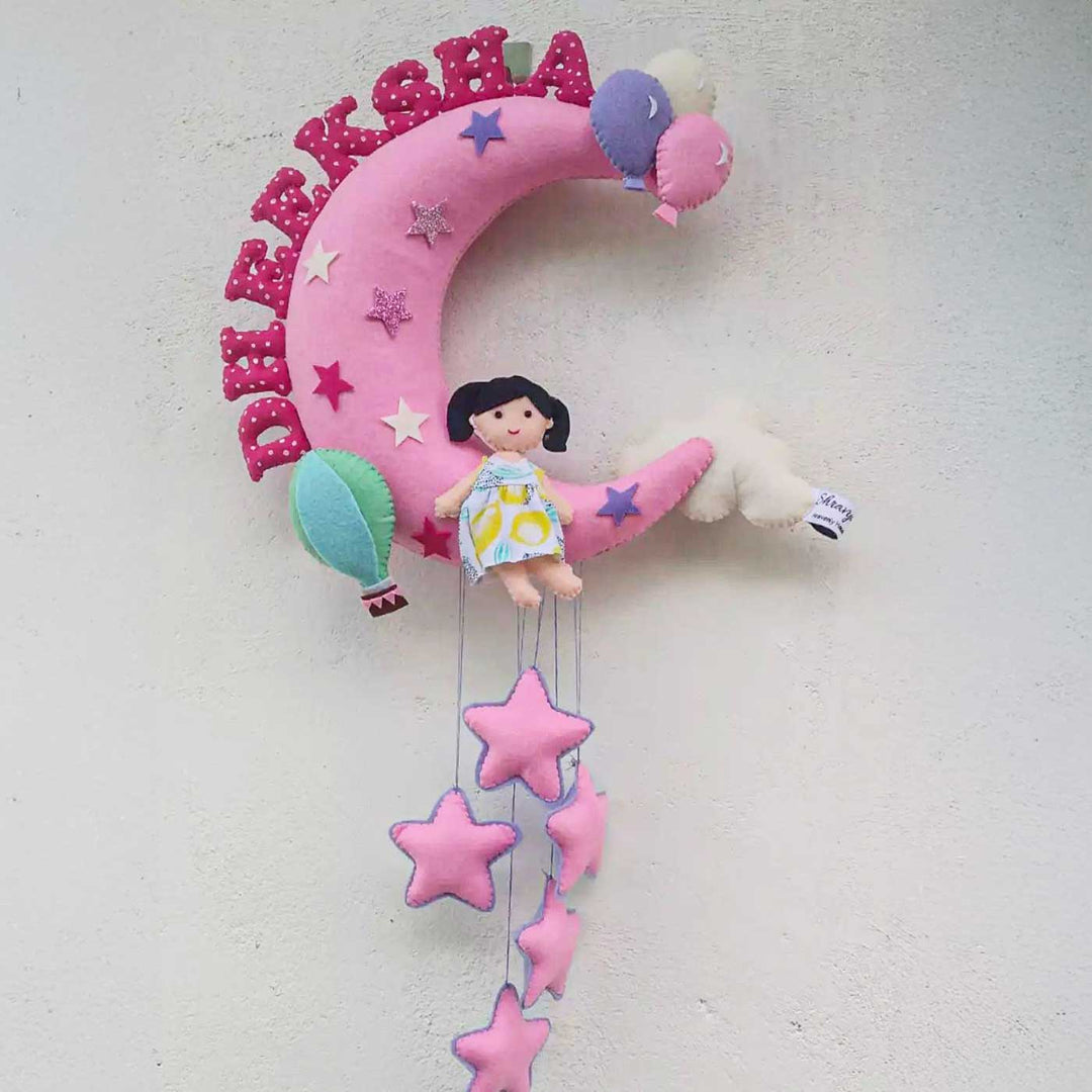 Personalized Girl On Moon Themed Felt Kids Name Plate