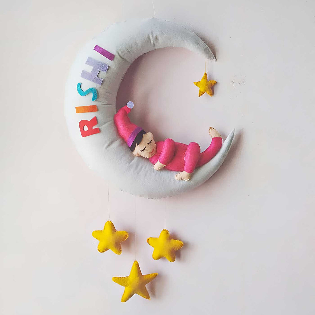 Personalized Girl On Moon Themed Felt Kids Name Plate