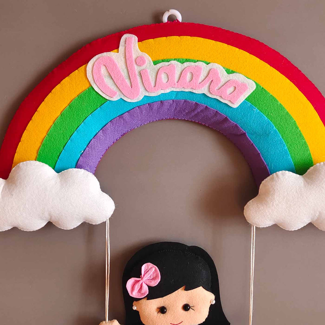 Hand-stitched Girl on Rainbow themed Felt Kids Name Plate for Girls