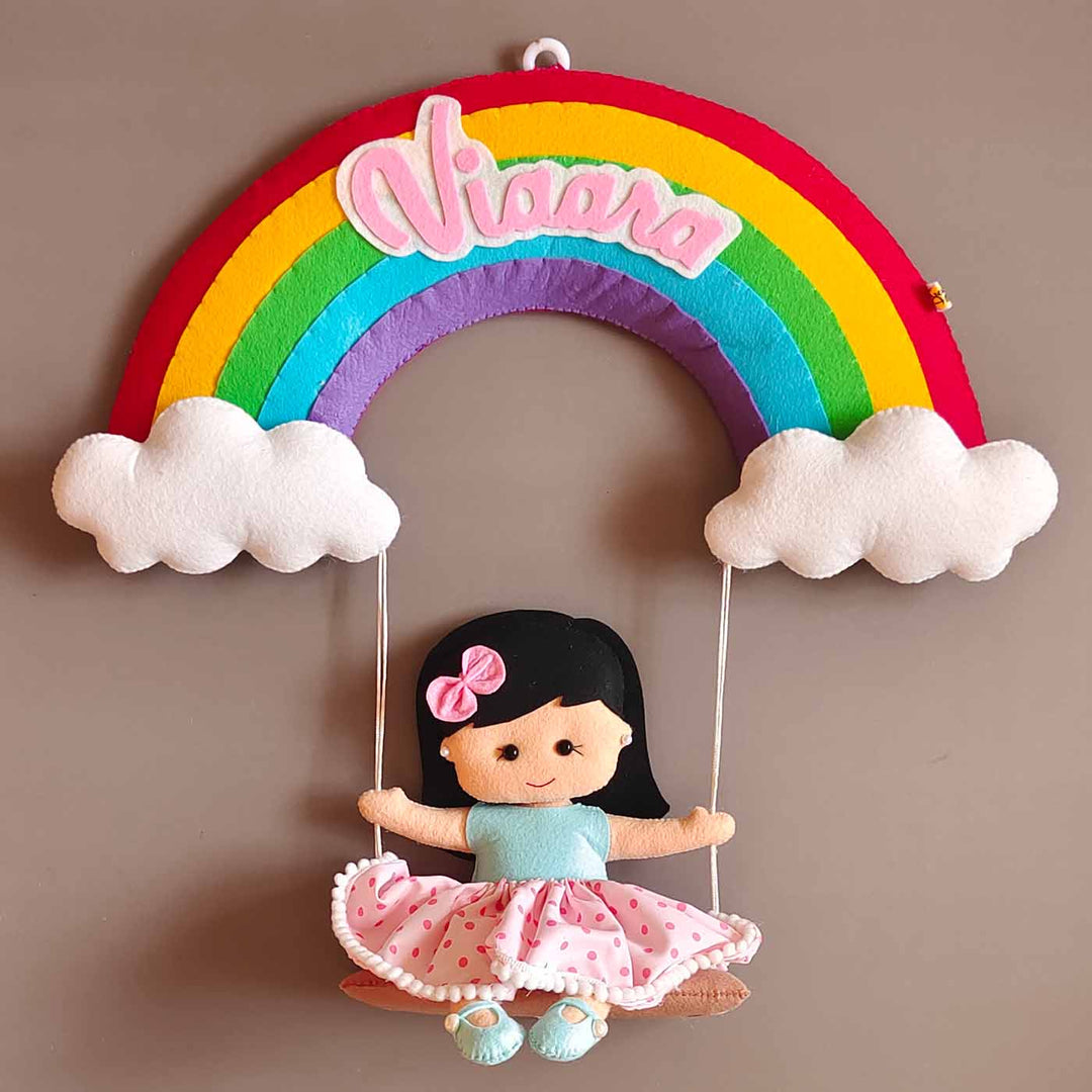 Hand-stitched Girl on Rainbow themed Felt Kids Name Plate for Girls