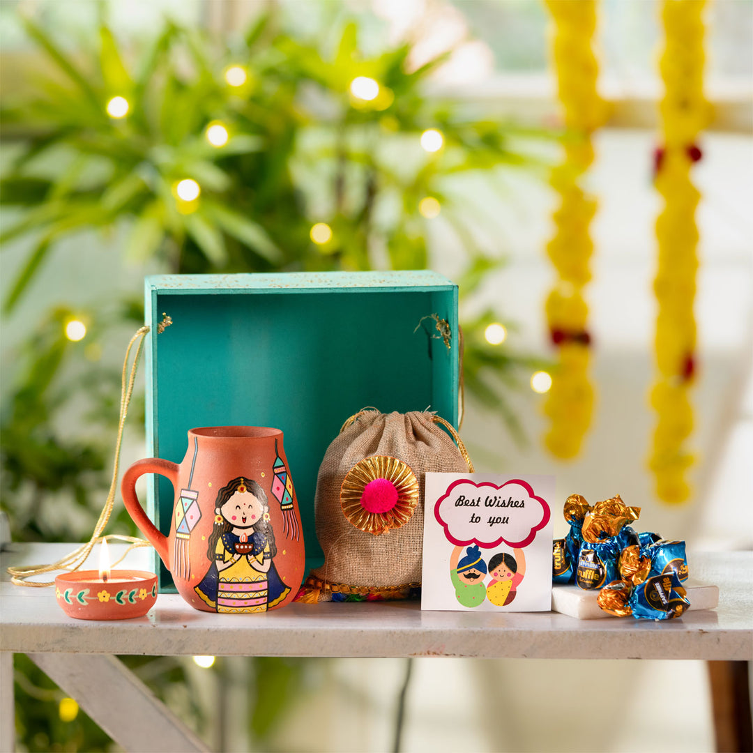 Handpainted Terracotta Mug & Diya Diwali Hamper