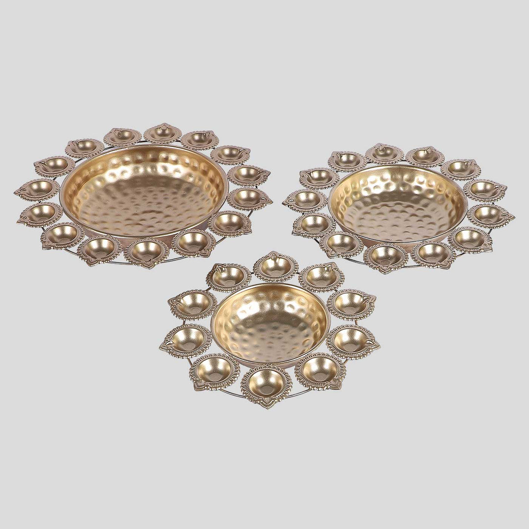 Handmade Gold Metal Diya Tealight Urli | Set of 3