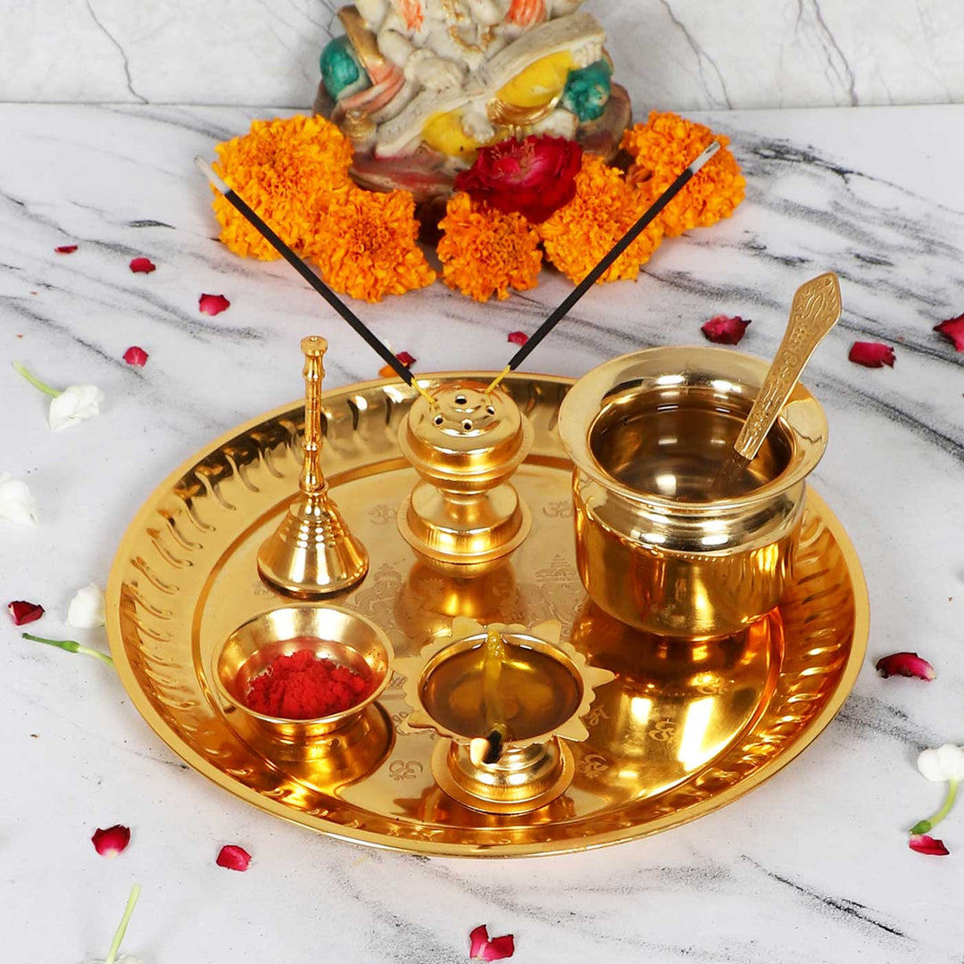 Handmade Gold Puja Thali | Set of 8