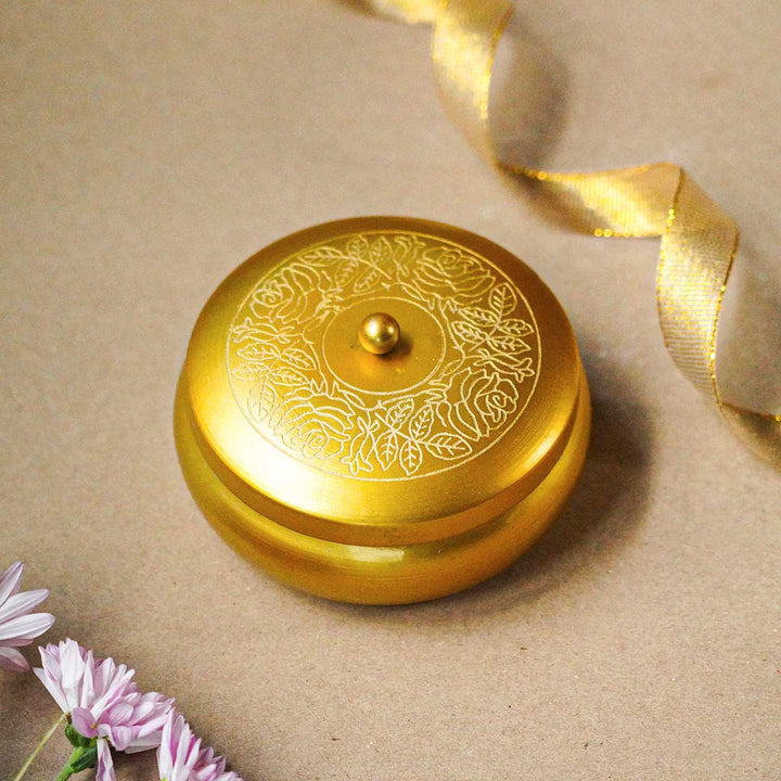 4 Inch | Handmade Golden Finish Metal Urli Scented Candle With Dry Flowers