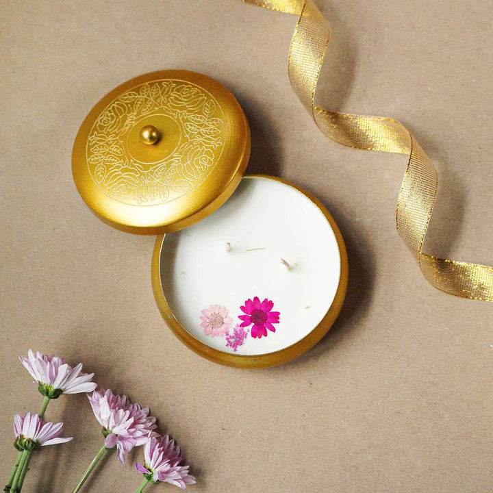 4 Inch | Handmade Golden Finish Metal Urli Scented Candle With Dry Flowers