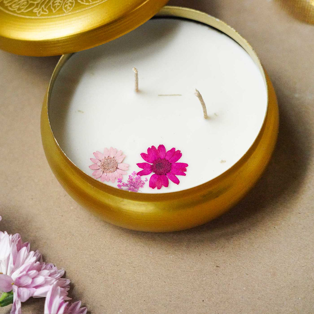 4 Inch | Handmade Golden Finish Metal Urli Scented Candle With Dry Flowers