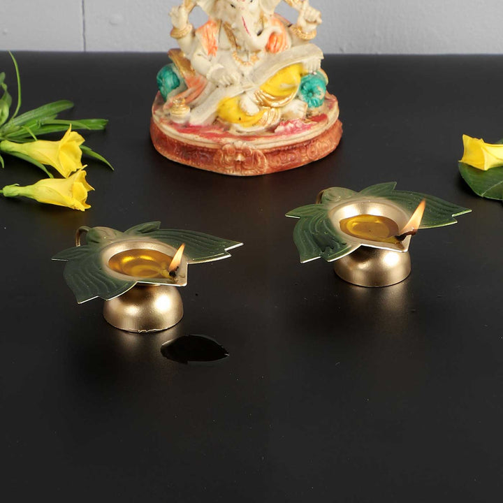 Handmade Green Lotus Oil Lamp / Diya | Set of 2