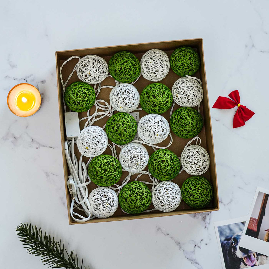 Handcrafted Yarn Spherical Fairy Lights - Green & White