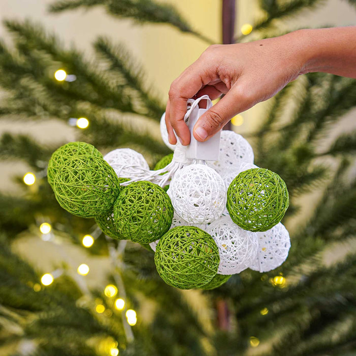 Handcrafted Yarn Spherical Fairy Lights - Green & White