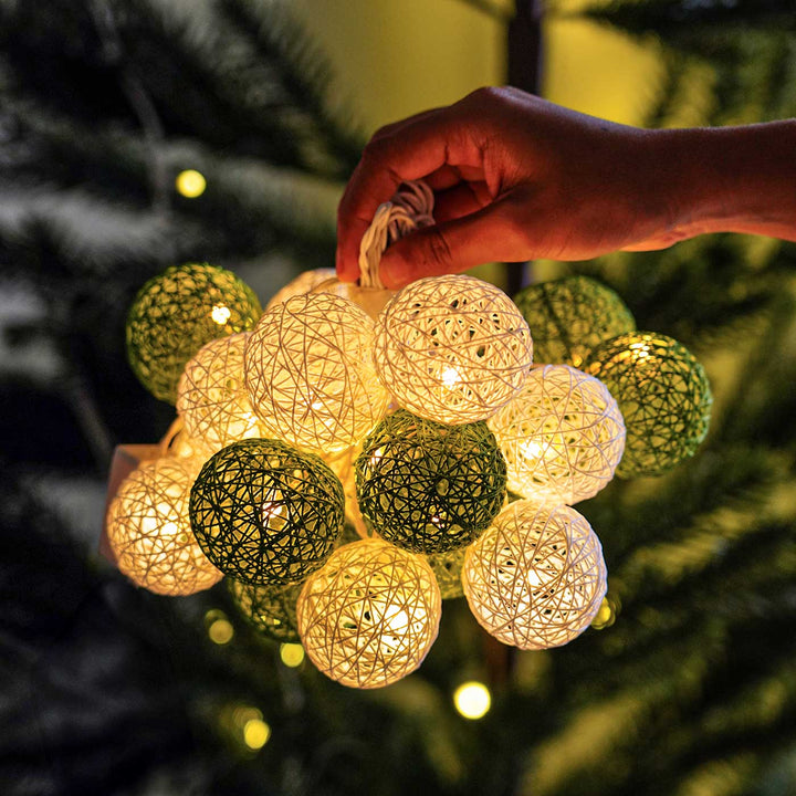 Handcrafted Yarn Spherical Fairy Lights - Green & White