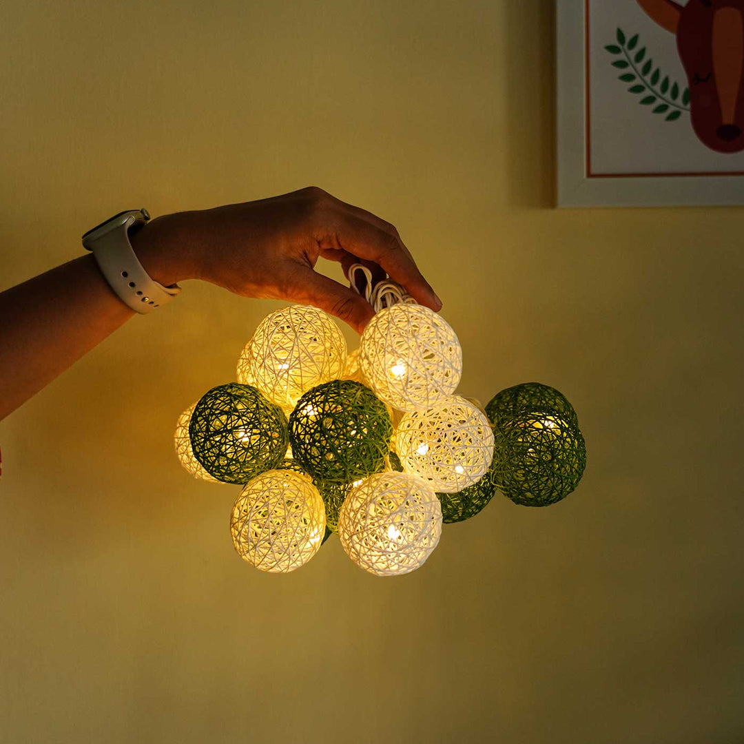 Handcrafted Yarn Spherical Fairy Lights - Green & White