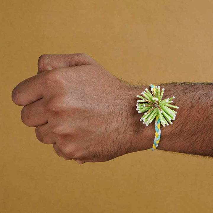 Reusable Beaded Green Flower Rakhi With Roli Chawal