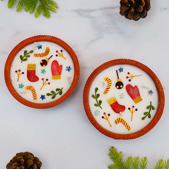 Set of 2 | Soy Wax & Pressed Flower Terracota Christmas Candles