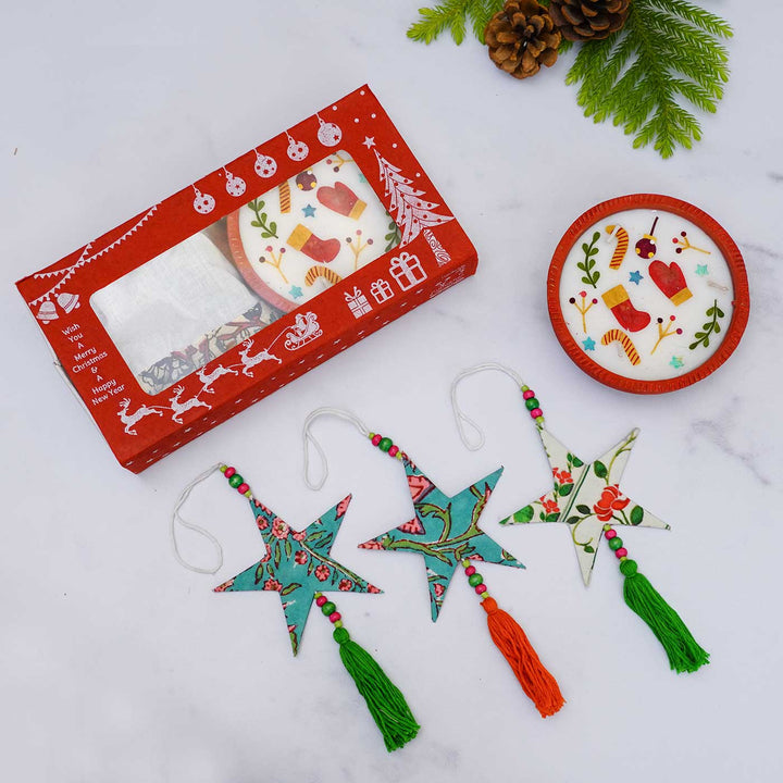 Christmas Pressed Flower Terracota Candles & Hangings Gift Box | Pack of 2