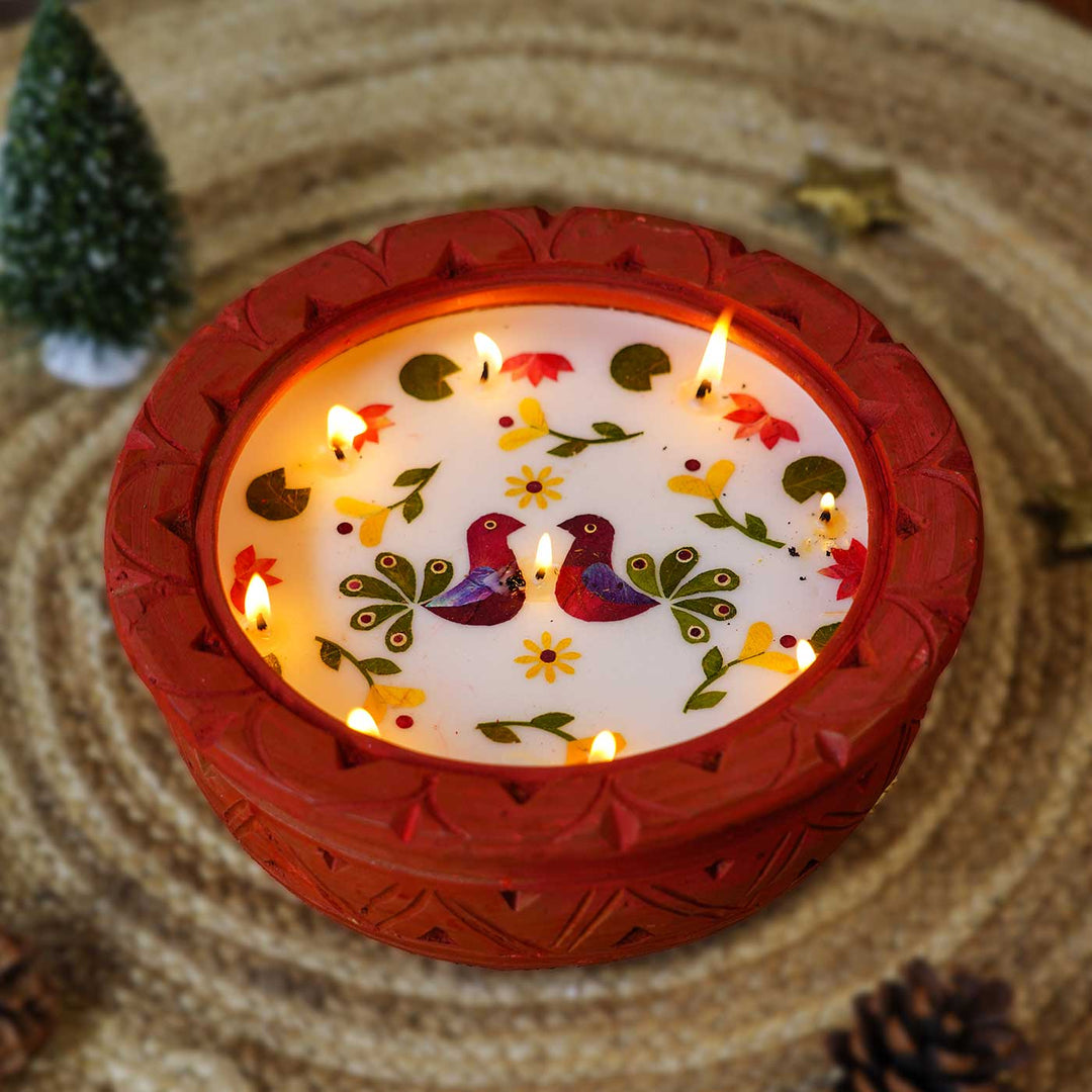 Handmade Large Sized Soy Wax & Pressed Flower Terracota Urli Candle For Christmas Decoration | 10 Inches