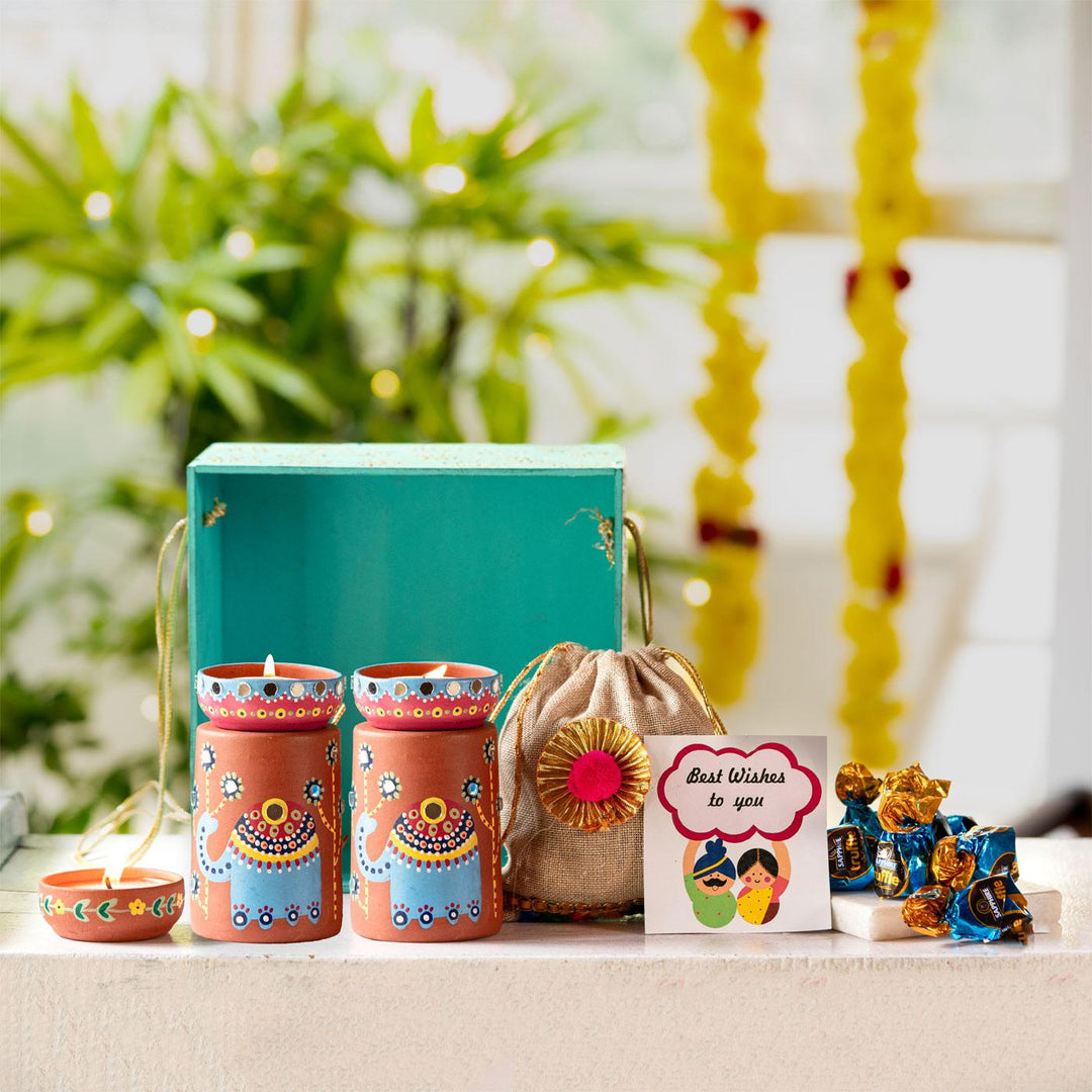 Handpainted Terracotta Tealight Holder Set & Diya Hamper