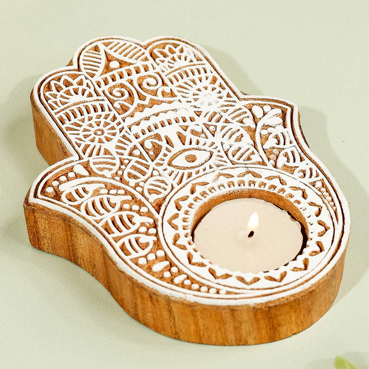 Handmade Carved Hamsa Wooden Block Tealight Holder | Set Of 2