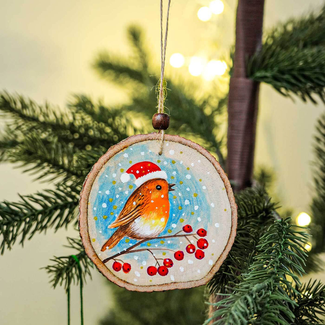 Hand-Painted Floral Themed Wooden Ornaments For Christmas Tree Decoration