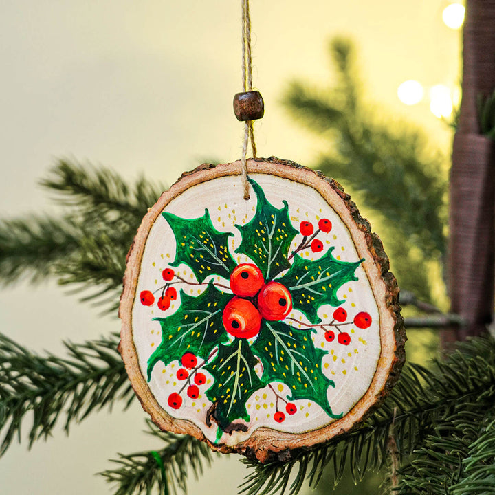 Hand-Painted Floral Themed Wooden Ornaments For Christmas Tree Decoration