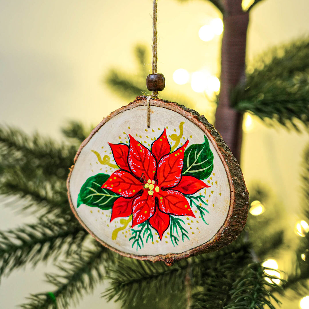 Hand-Painted Floral Themed Wooden Ornaments For Christmas Tree Decoration