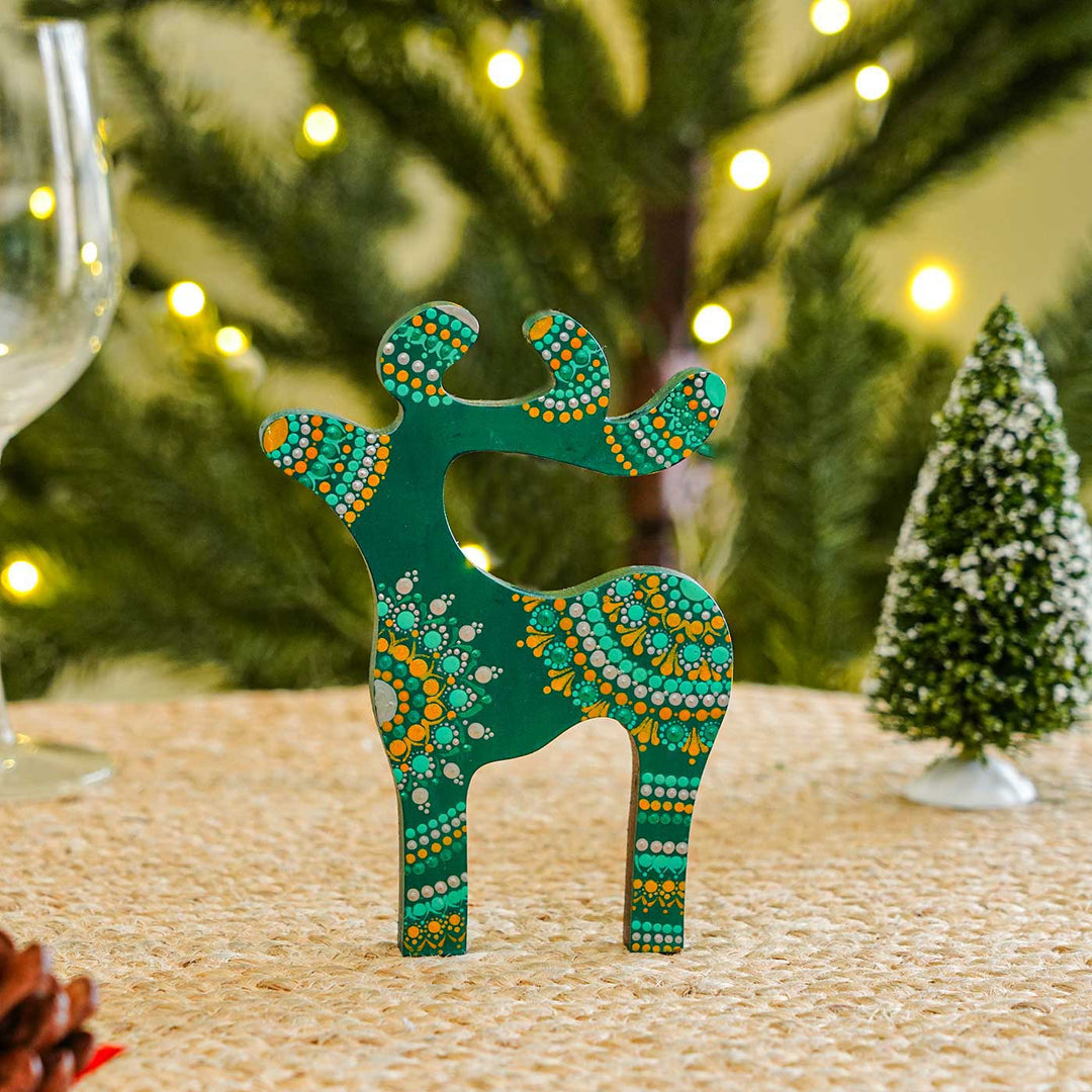 Hand-Painted Reindeer Dot Art Mdf Wood Table Decor For Christmas Decoration