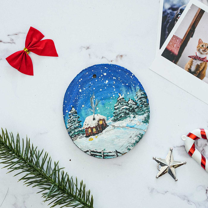 Hand-Painted Snow City Pine Wood Ornament For Christmas Tree Decoration