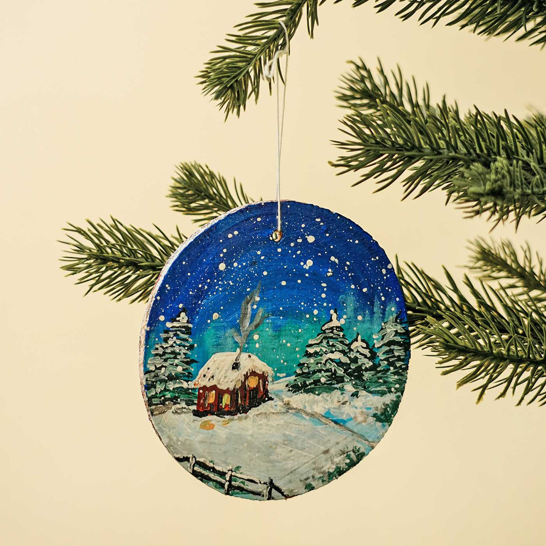 Hand-Painted Snow City Pine Wood Ornament For Christmas Tree Decoration