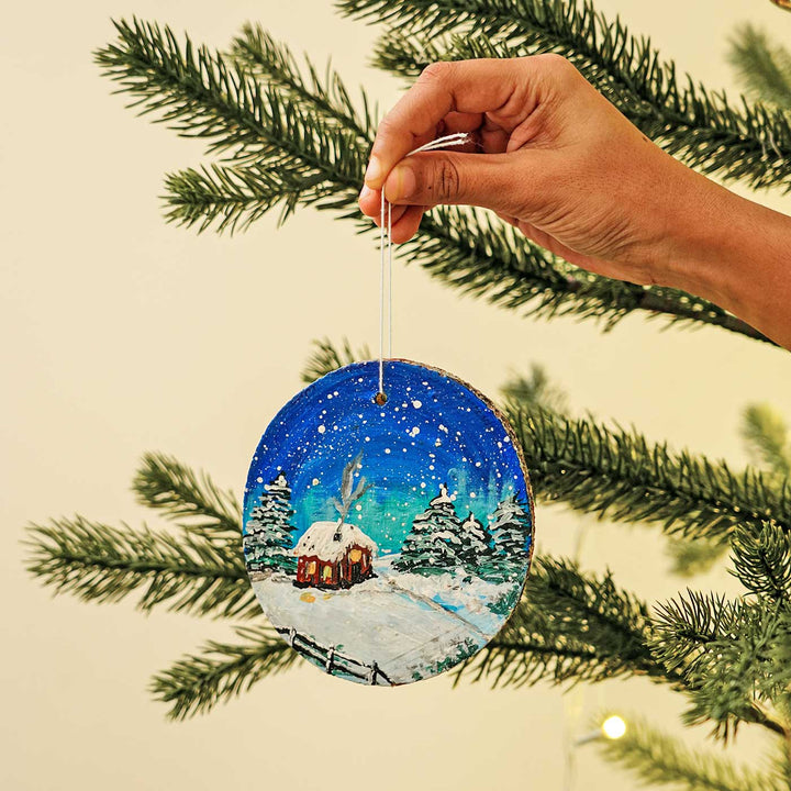 Hand-Painted Snow City Pine Wood Ornament For Christmas Tree Decoration