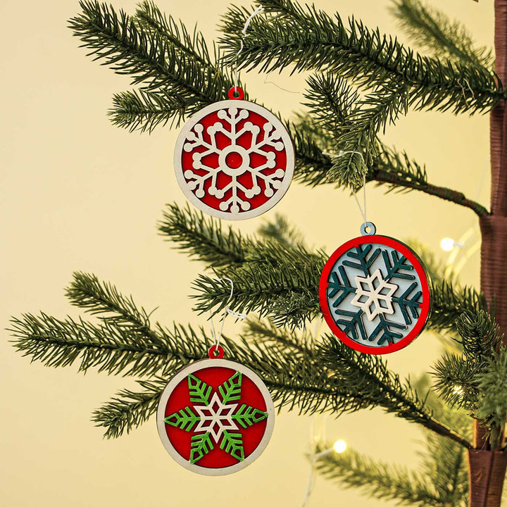 Hand-Painted Snow Flake Wooden Ornaments For Christmas Tree Decoration | Set Of 3