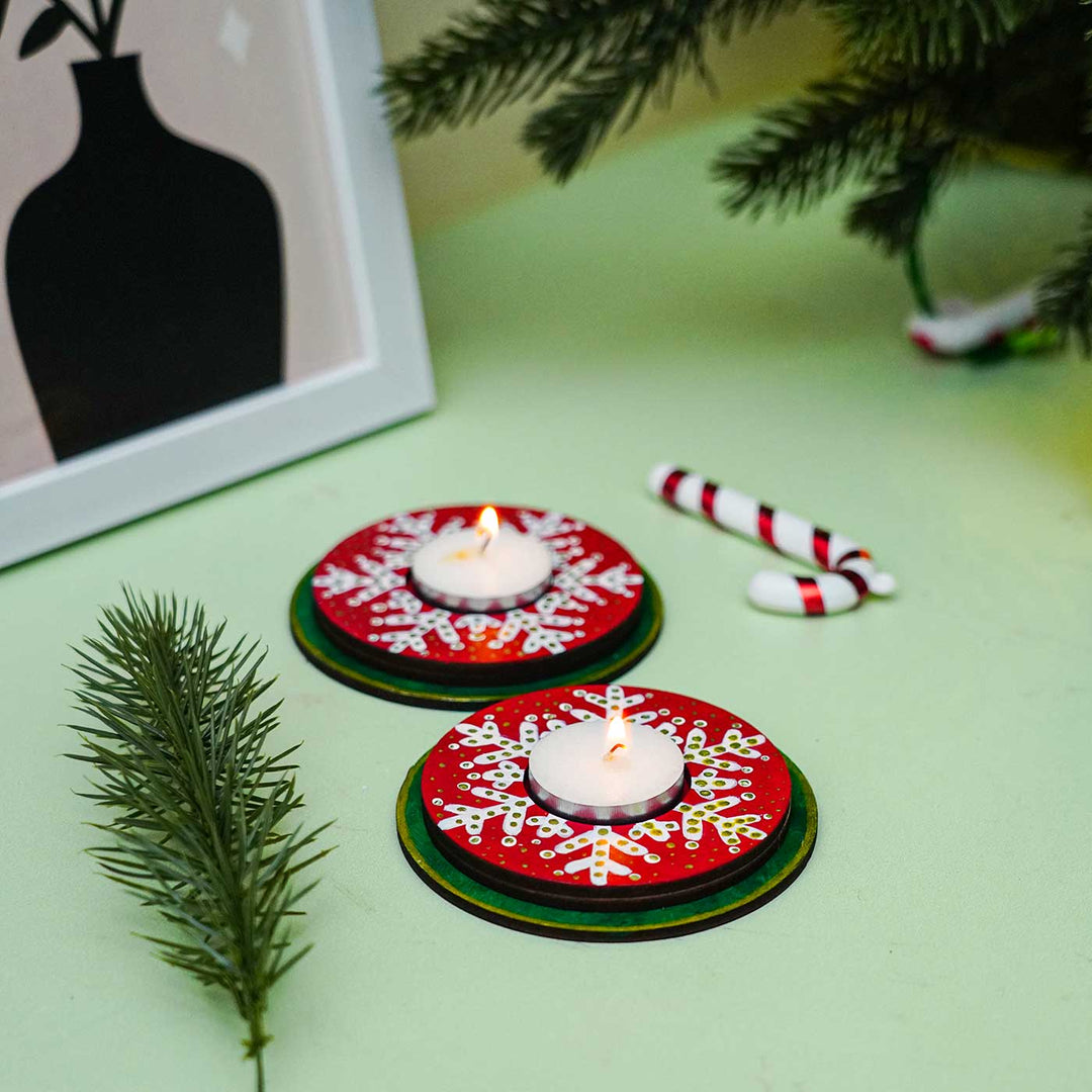 Hand-Painted Snowflake Mdf Wood Tealight Holders For Christmas Decoration | Set Of 2