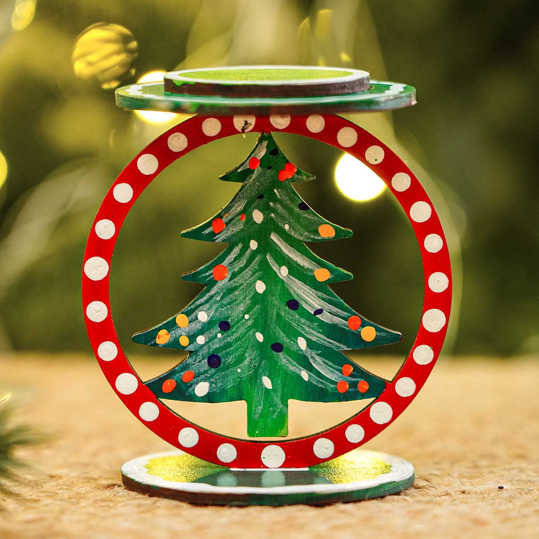 Hand-Painted Tree Wooden Tealight Holders For Christmas Decoration