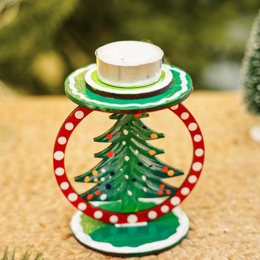 Hand-Painted Tree Wooden Tealight Holders For Christmas Decoration