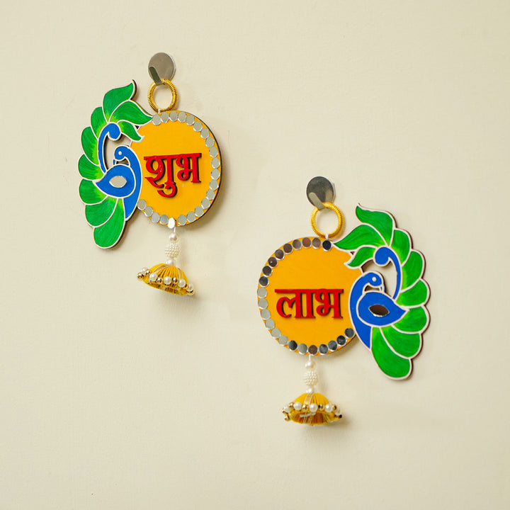 Handcrafted Peacock Shubh Labh Hanging | Set Of 2