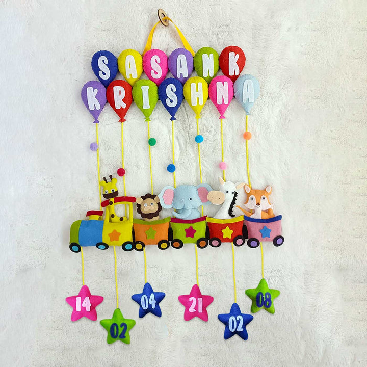 Handcrafted Personalized Felt Name Plate for Siblings | Animal Train with Balloons