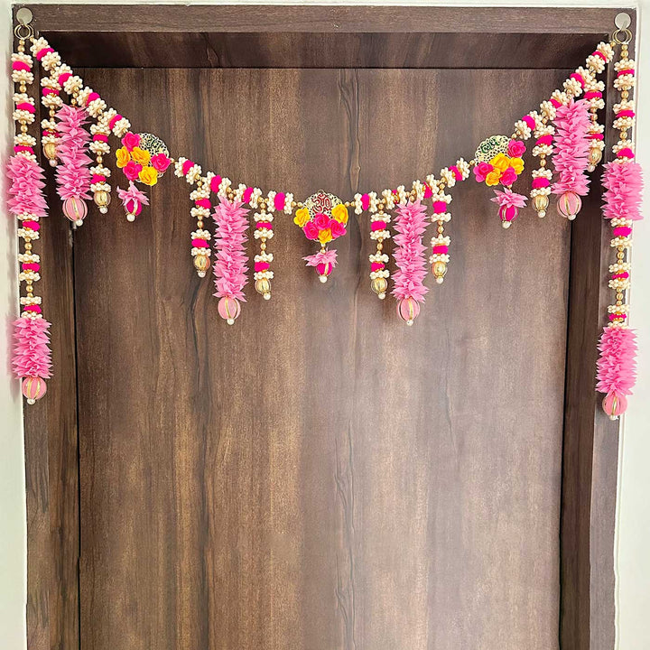 Handmade Pink Floral Toran With Side Hangings