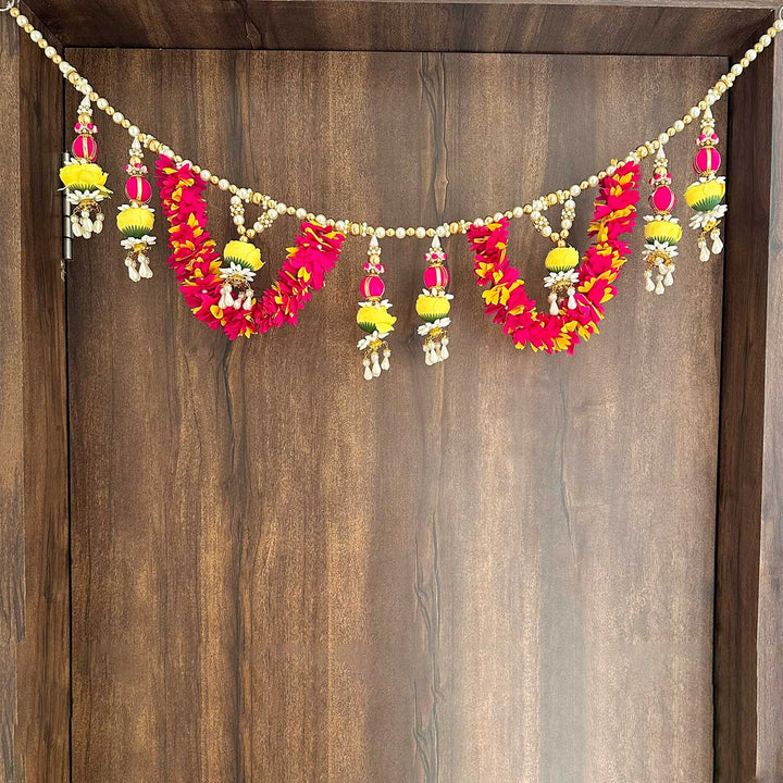 Handmade Pink & Yellow Gajra Toran With Peonies