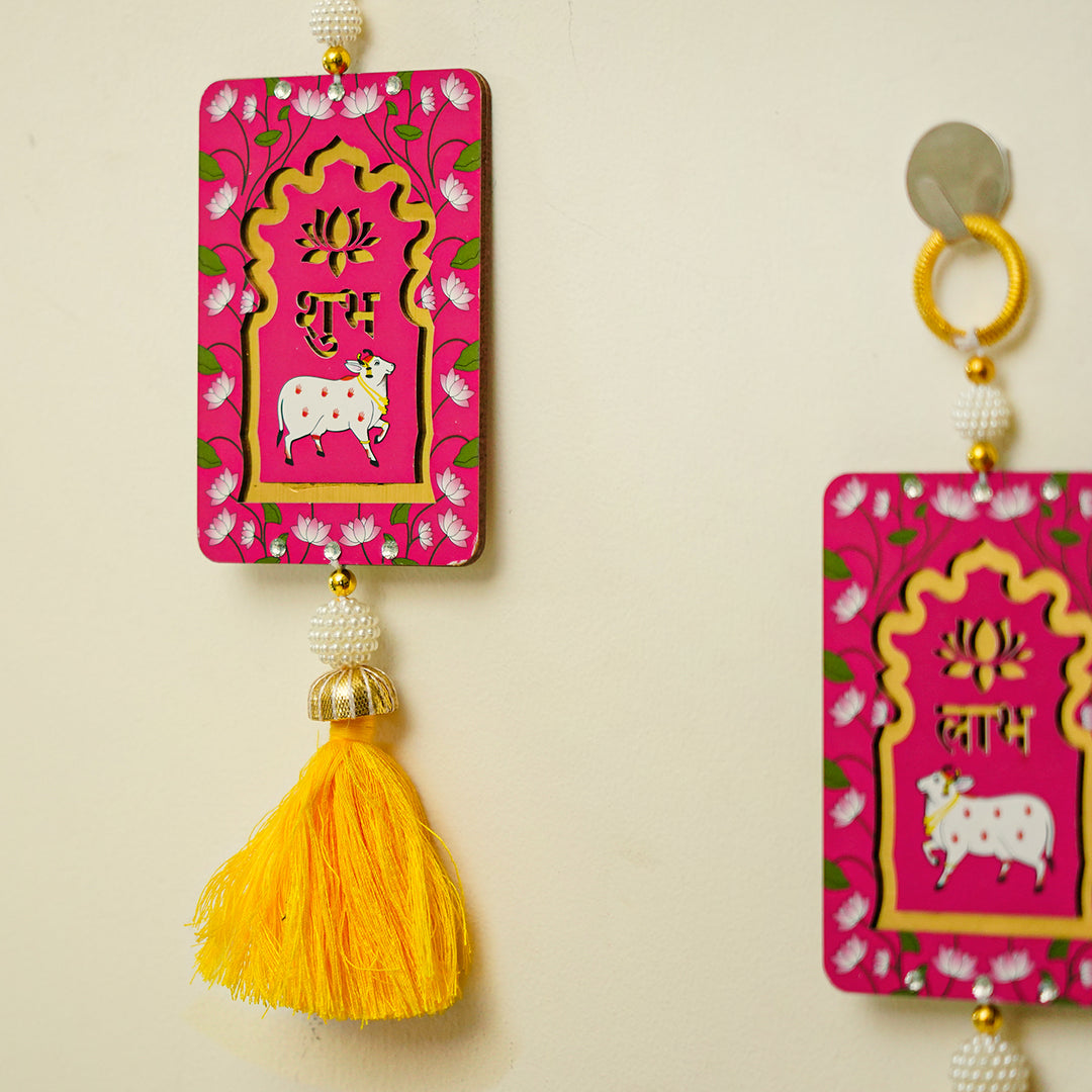 Handcrafted Printed Small Pichwai Shubh Labh Hanging | Set Of 2