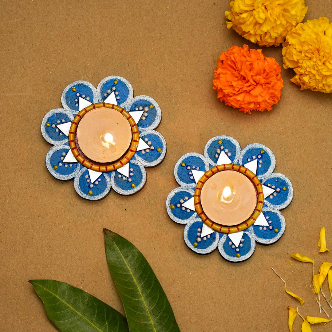 Handmade Blue 8 Petal Mdf Wood Tealight Holder | Set of 2