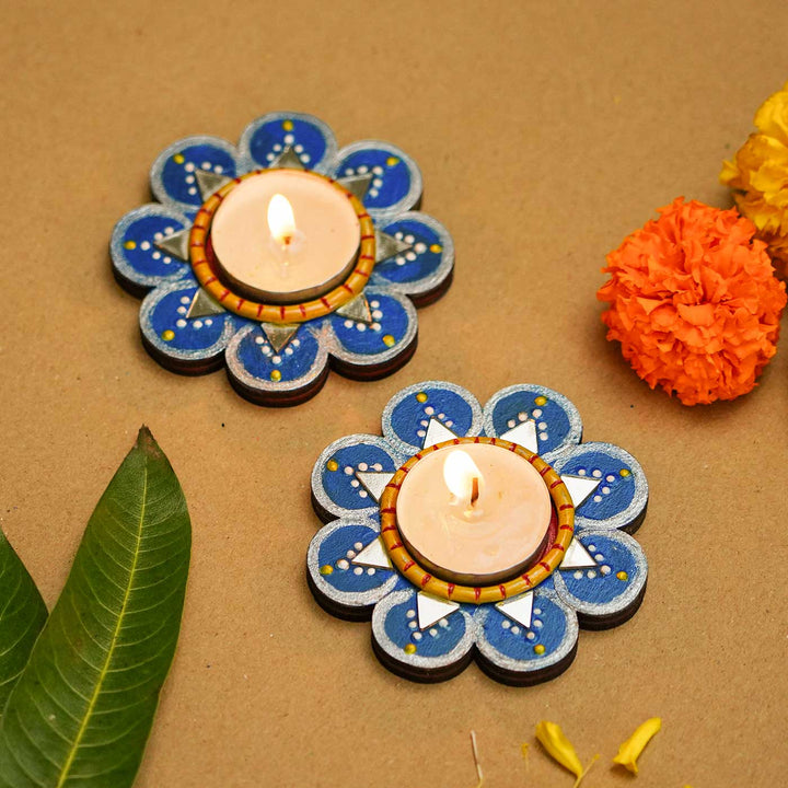 Handmade Blue 8 Petal Mdf Wood Tealight Holder | Set of 2