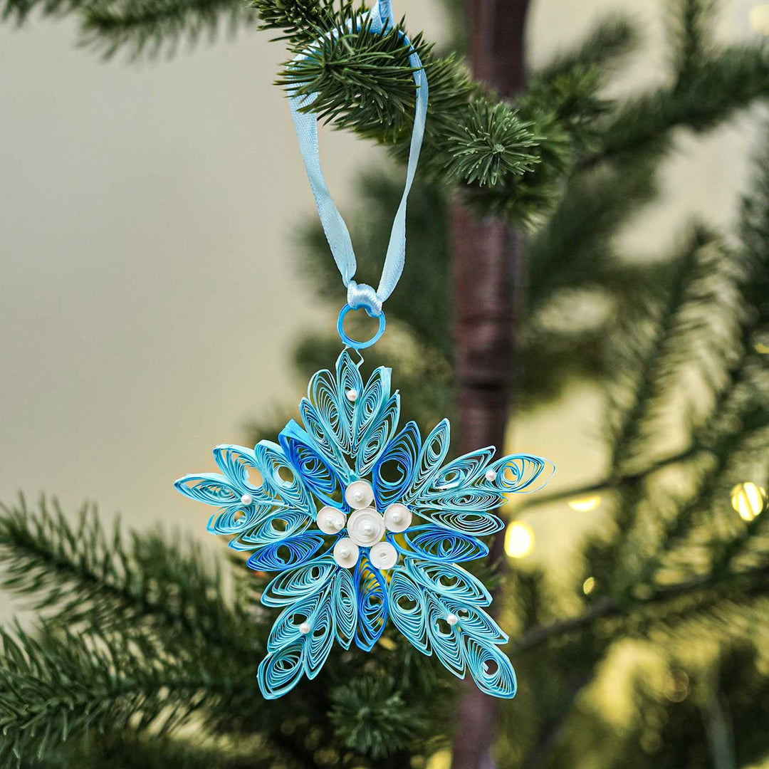 Handmade Blue Mini Snowflake Paper Quilling Ornament For Christmas Tree Decoration