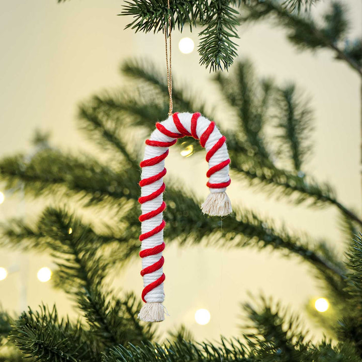 Handmade Candy Cane Macrame Cotton Ornament For Christmas Tree Decoration