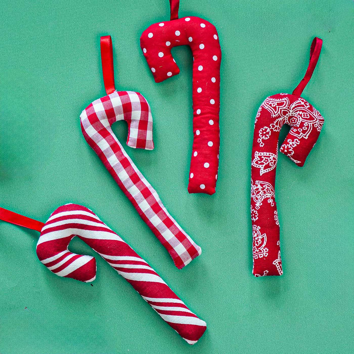 Handmade Candy Stick Cotton Ornaments For Christmas Tree Decoration | Set Of 4