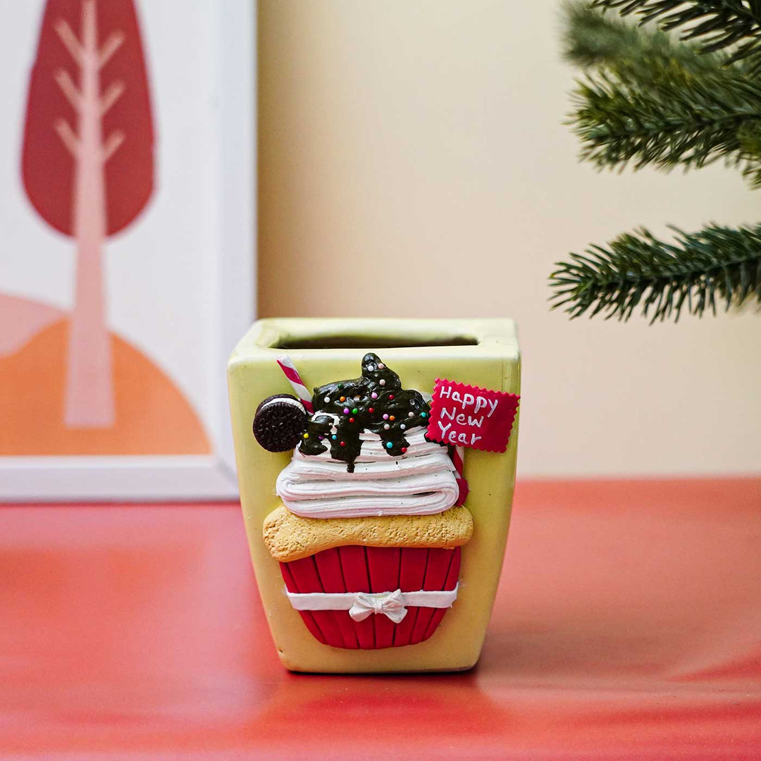 Handmade Cupcake Themed New Year Ceramic Planter