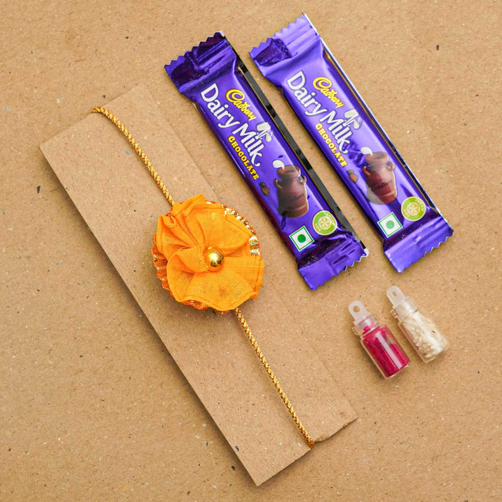 Handmade Floral Upcycled Fabric Rakhi With Chocolates & Roli Chawal