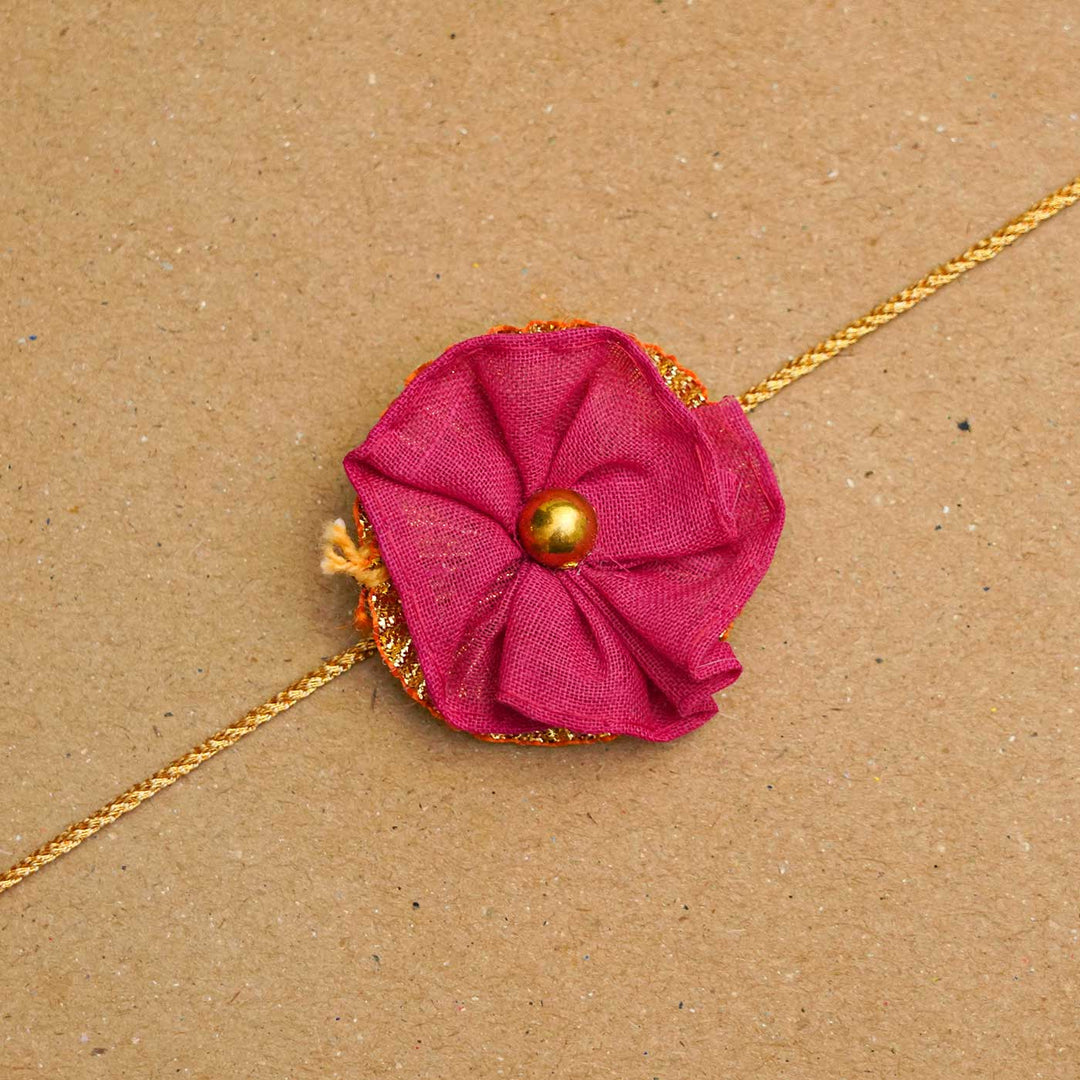 Handmade Floral Upcycled Fabric Rakhi With Chocolates & Roli Chawal