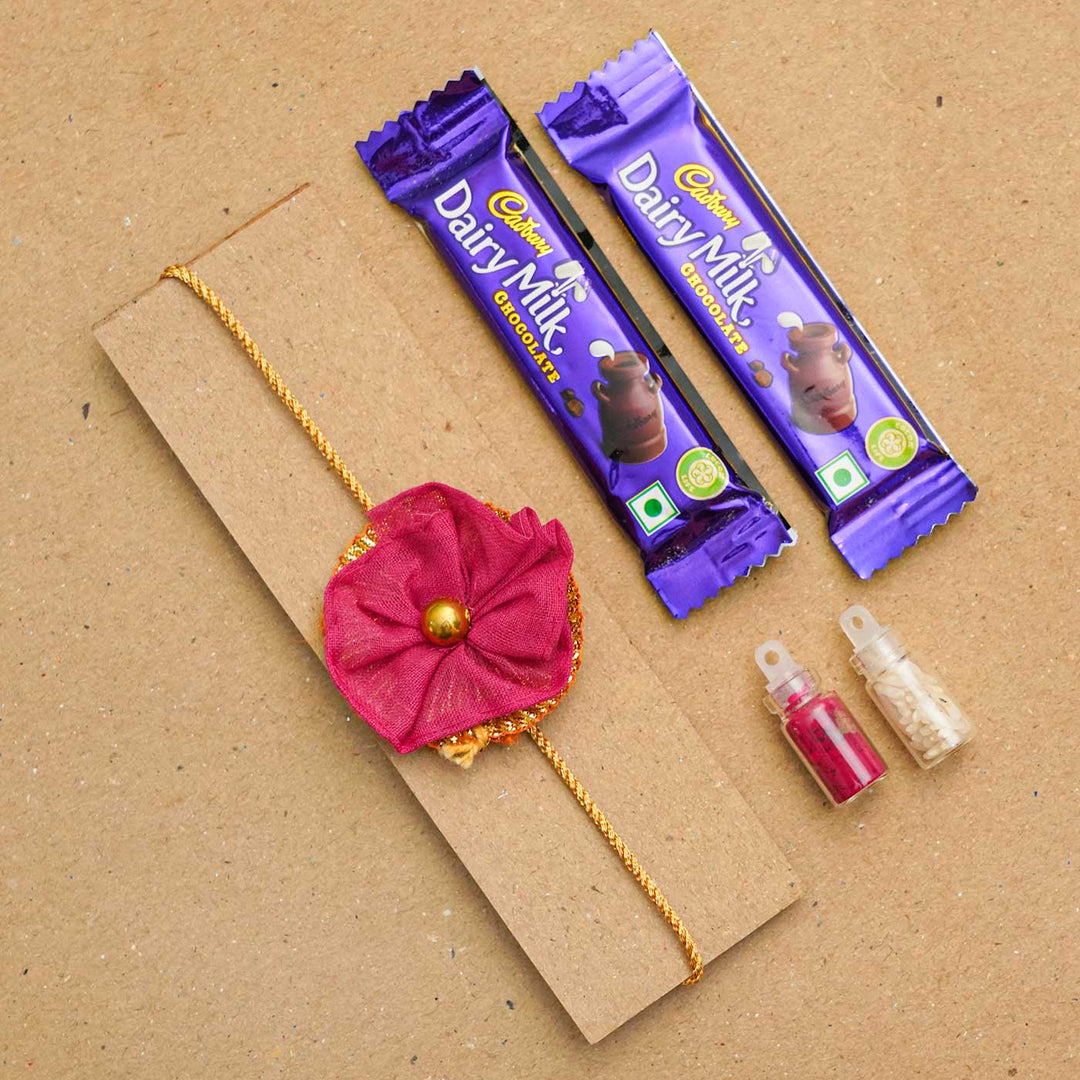 Handmade Floral Upcycled Fabric Rakhi With Chocolates & Roli Chawal