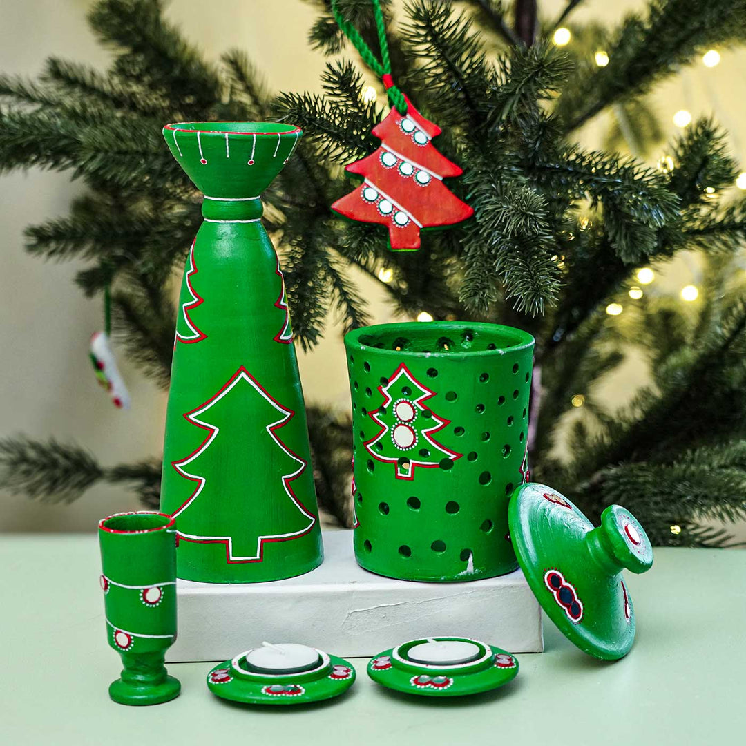 Handmade Green Christmas Terracotta Hamper For Christmas Decoration | Set Of 6