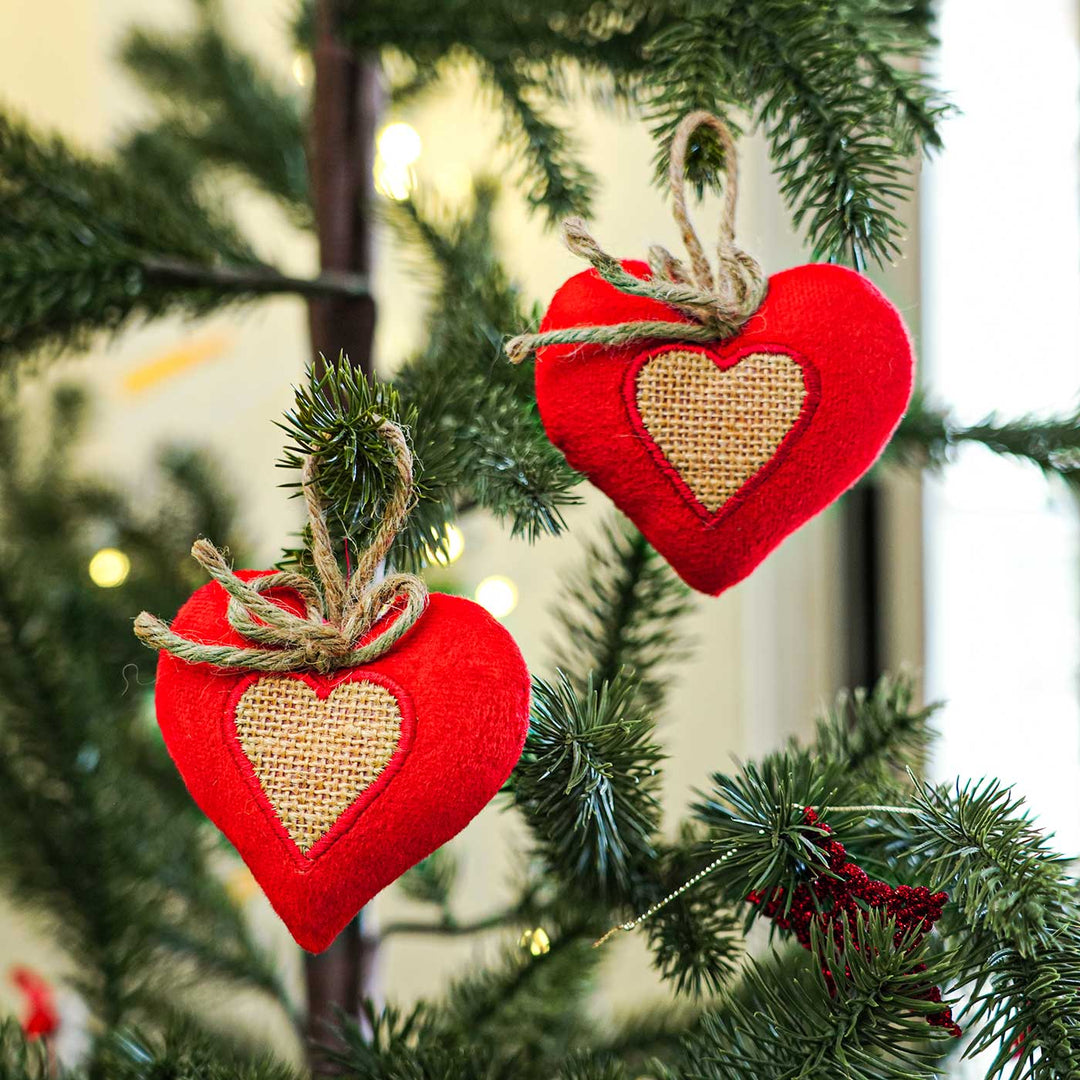 Handmade Heart Cotton Ornaments For Christmas Tree Decoration | Set Of 2